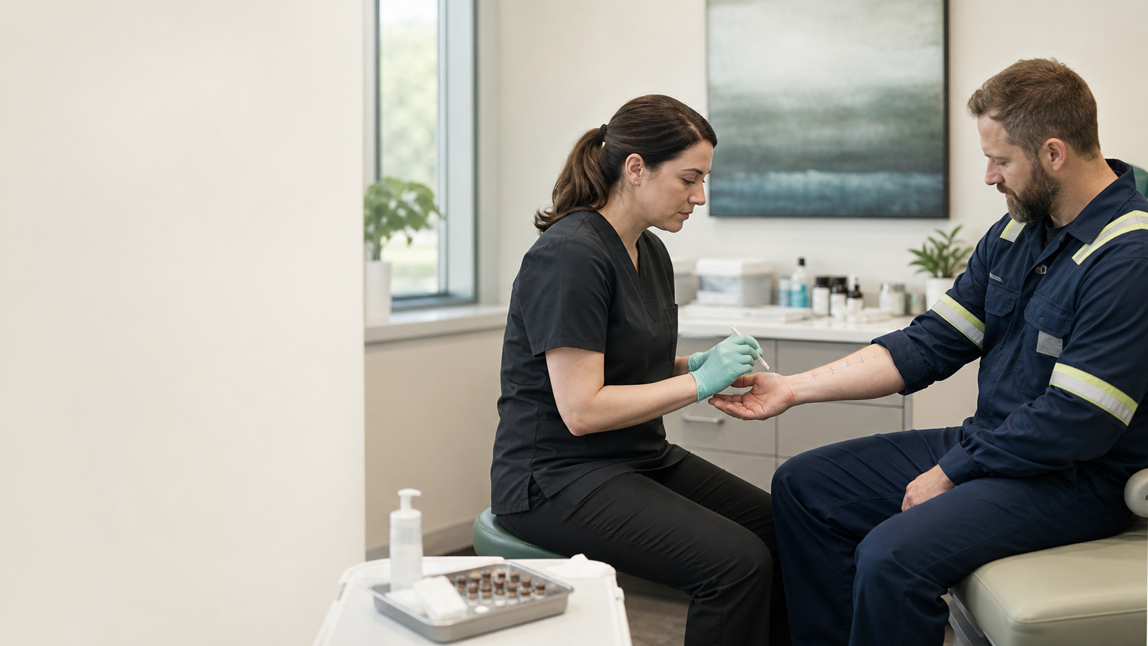A clinician providing allergy skin testing for an employee