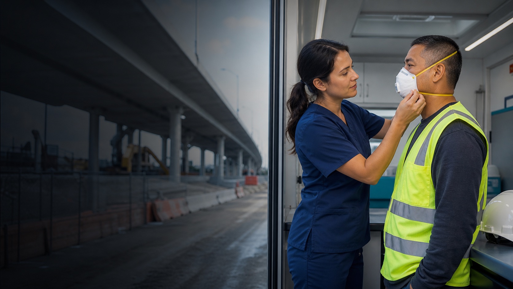 A clinician conducting a respirator fit check for a construction worker at a project site