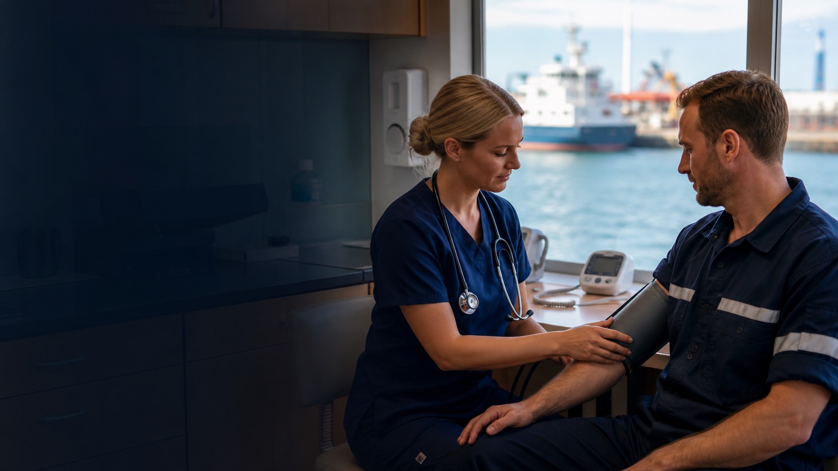 A clinician checking a maritime worker's blood pressure beside an active harbor