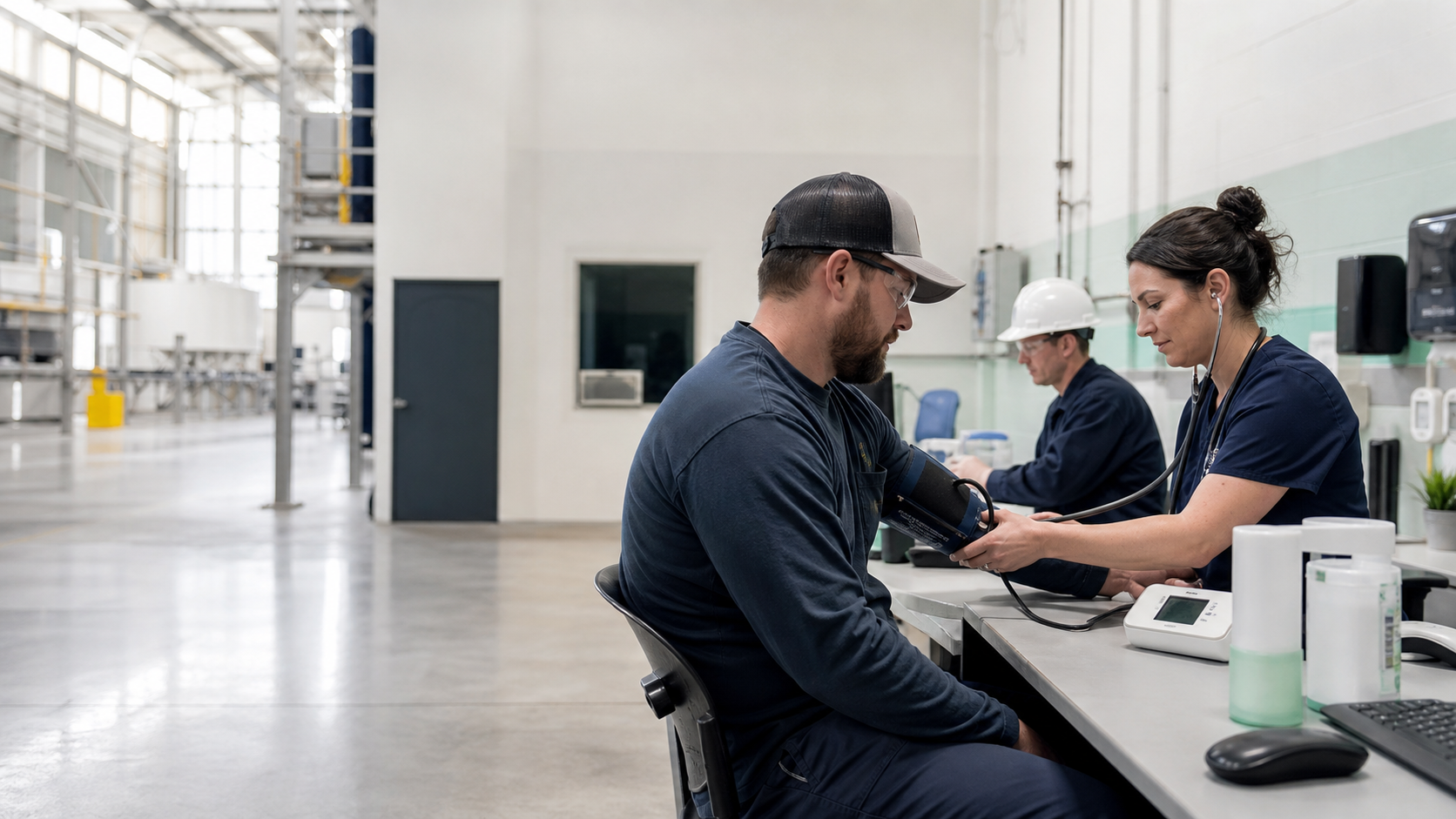 A clinician conducting preventive screening at an industrial workplace